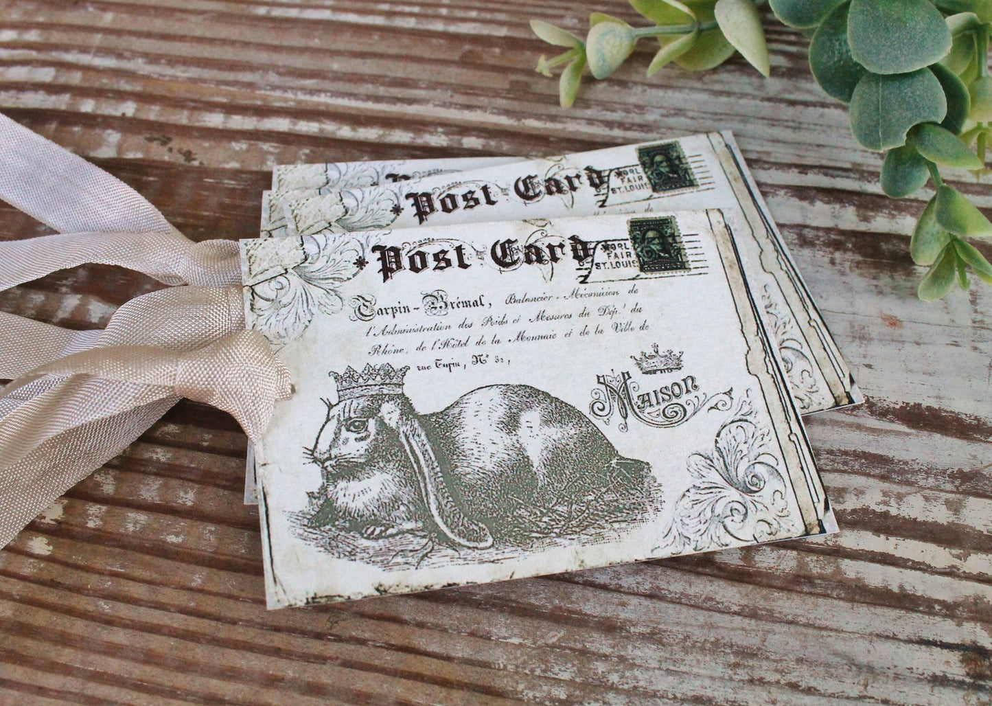 EASTER Vintage Gift Tags Post Card Rabbit Bunny Crown French Farmhouse Decor Card Shabby SET OF 8