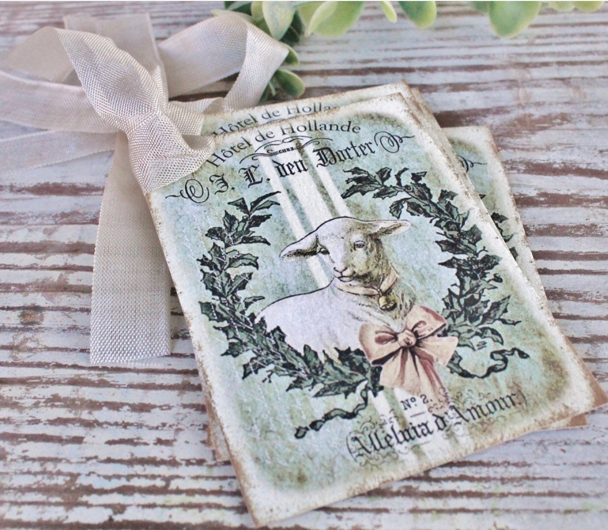 EASTER Vintage Gift Tags Lamb Grain Sack Laurel Wreath French Sheep Farmhouse Decor Card Shabby SET OF 8
