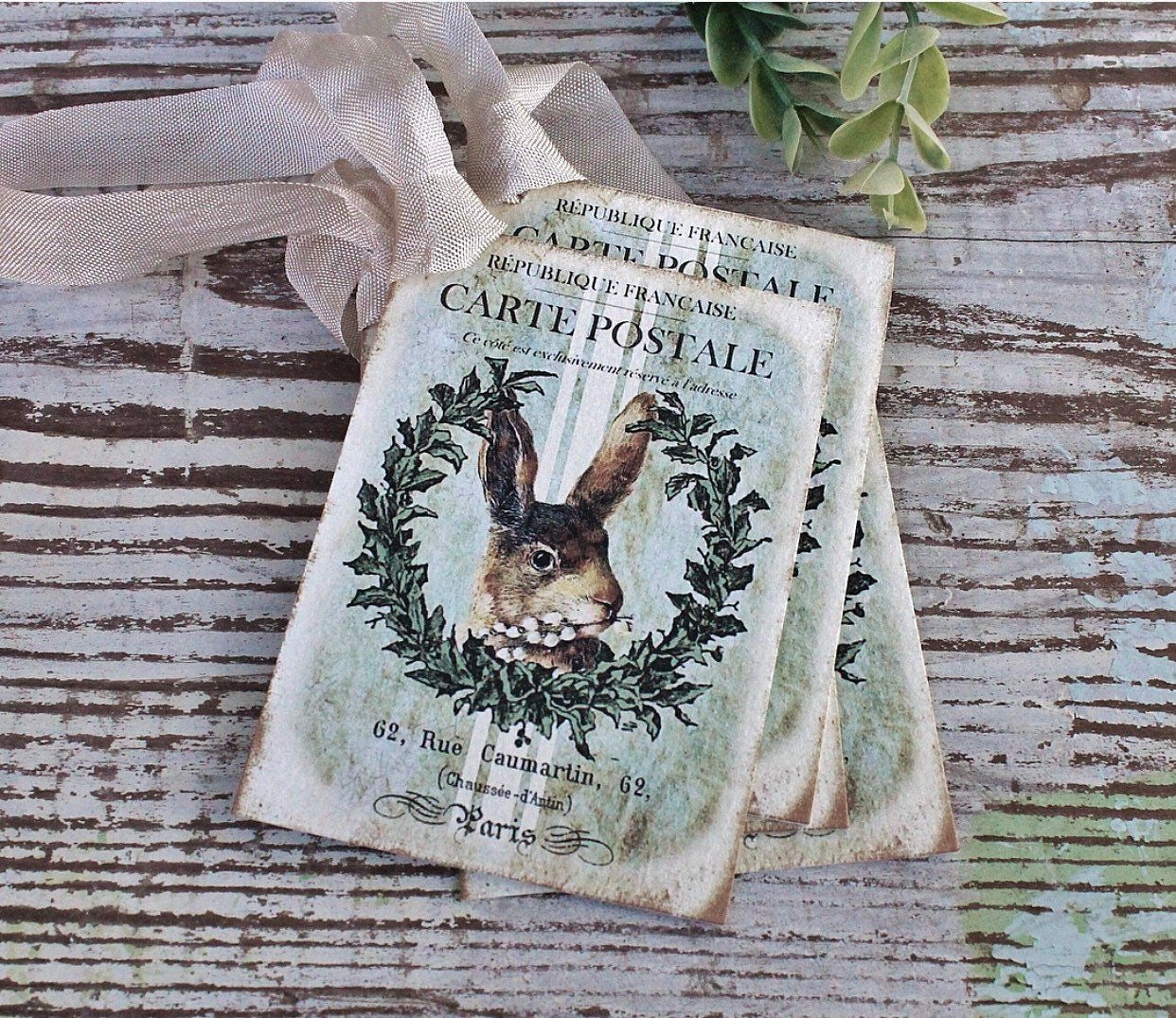 EASTER Vintage Gift Tags Rabbit Bunny Grain Sack Laurel Wreath French Farmhouse Decor Card Shabby SET OF 8