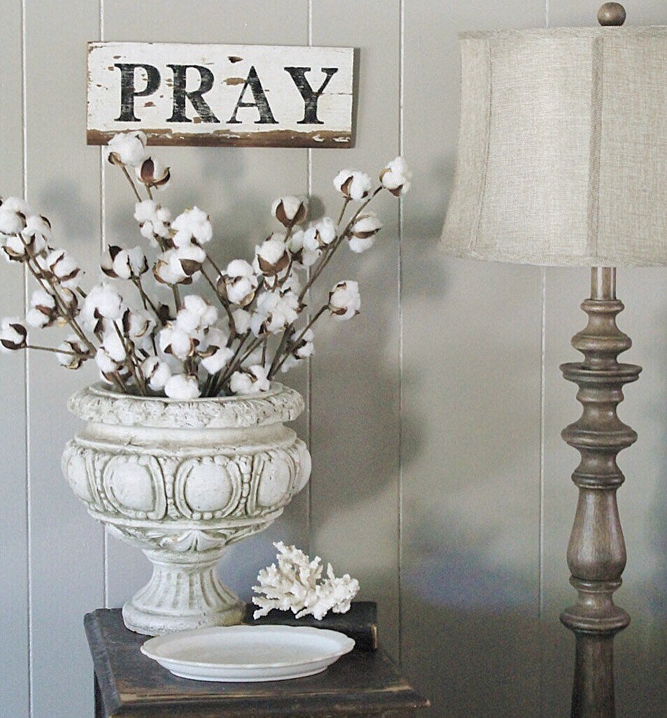 PRAY Farmhouse Decor Sign Painted Salvage Barn Wood Reclaimed Primitive White Chippy Paint Architectural Farmhouse Primitive Decor