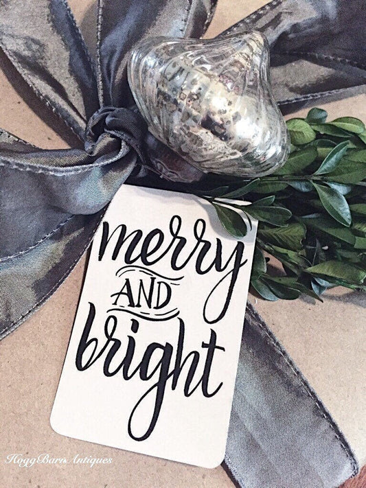 MERRY and BRIGHT Christmas Gift Tags Calligraphy Black White Hand Lettered Farmhouse Christmas Decor Card French Shabby Gift