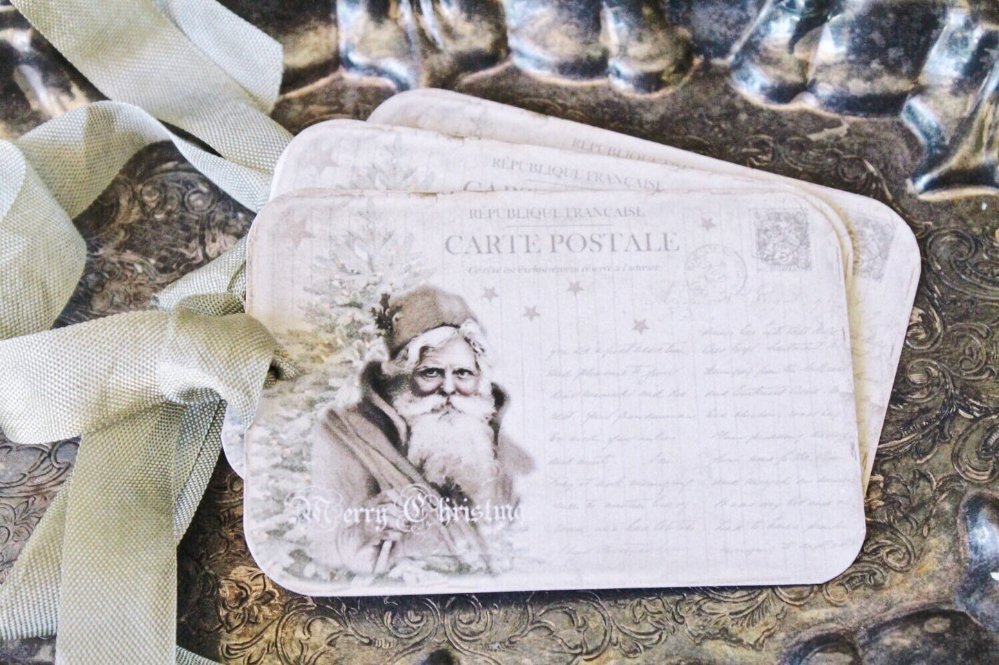 SANTA Christmas Gift Tags Vintage Old Santa POST CARD Farmhouse Decor Card French Shabby Gift Wrap Father Christmas