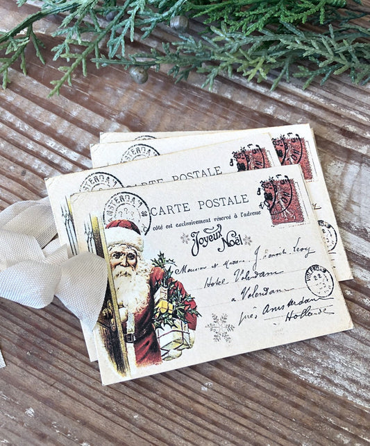 SANTA Christmas Gift Tags Vintage POST CARD Farmhouse Decor Card French Shabby Gift Wrap Christmas Tree Ornament