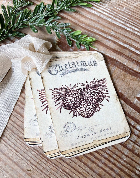Christmas Vintage Gift Tags JOYEUX NOEL PINECONES Farmhouse Christmas Decor Card French Shabby Gift Wrap