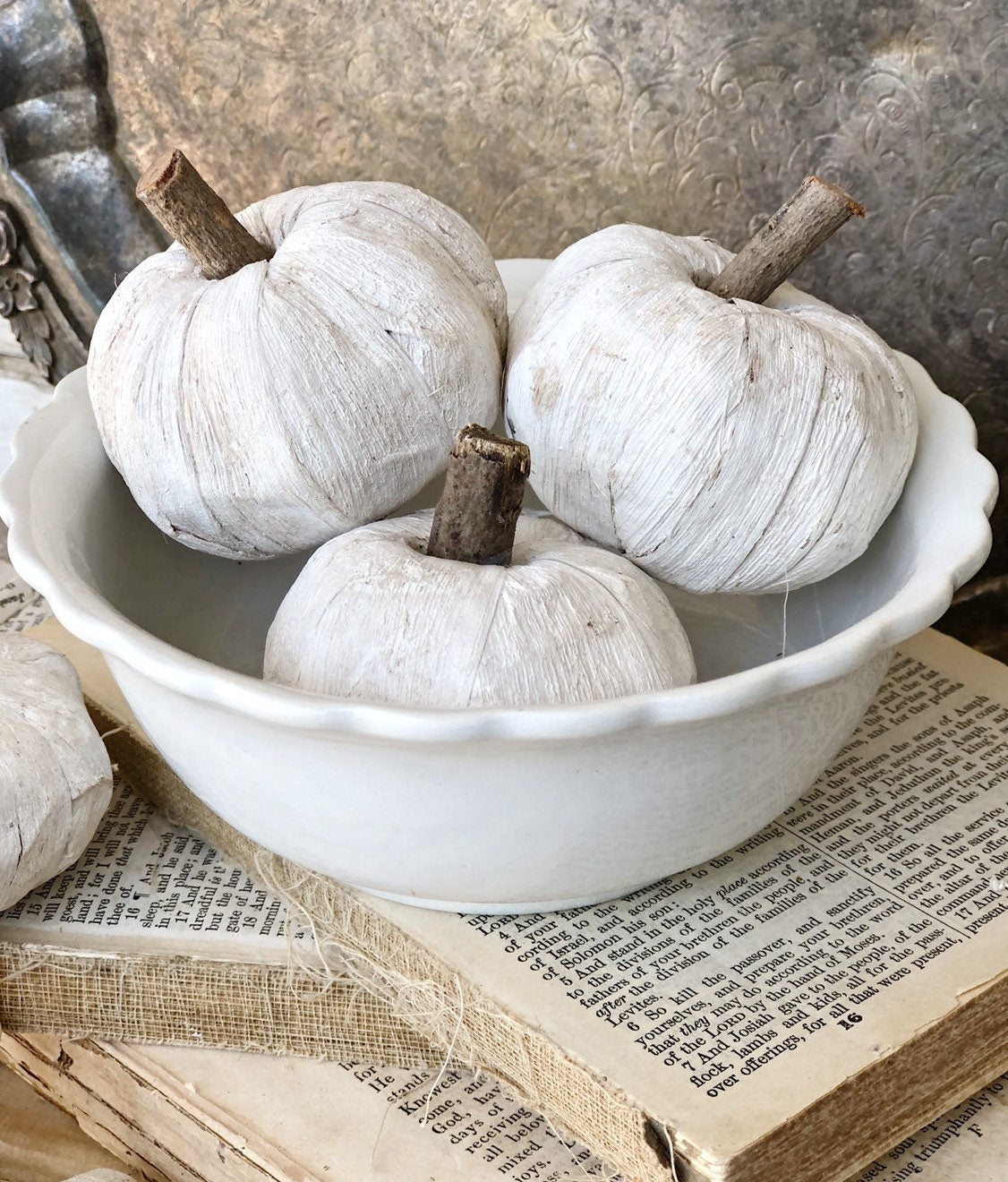 SET OF 6 WHITE Mini Pumpkins Wooden Husk Painted Pumpkin Farmhouse Decor Fall Decor Bowl Filler Boos
