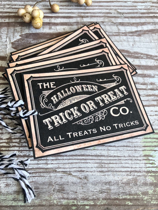 Halloween Gift Tags TRICK OR TREAT Vintage Black Farmhouse Decor Grungy Party Favor Vintage Halloween Card Tag Fall