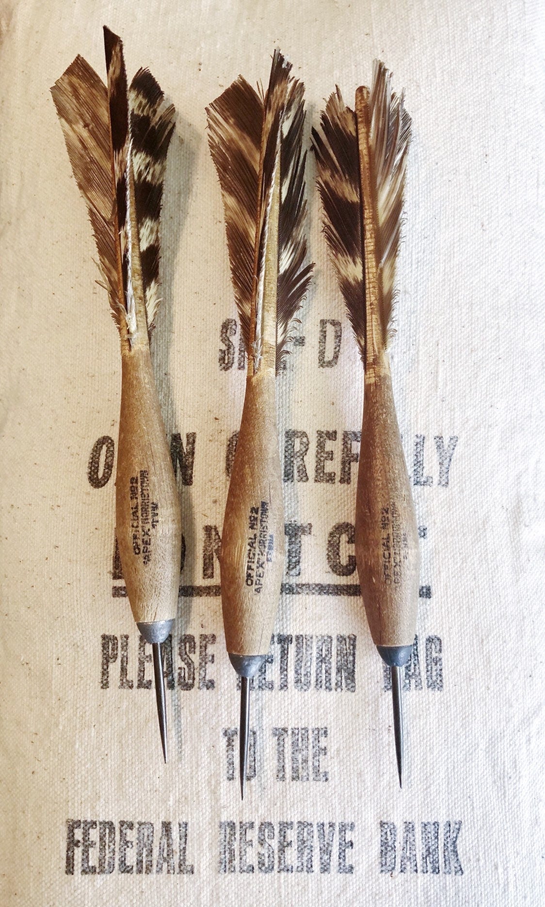Vintage APEX Feather Dart Official No.2 Industrial Salvage Farmhouse Decor Fixer Upper Wooden Brown Cream