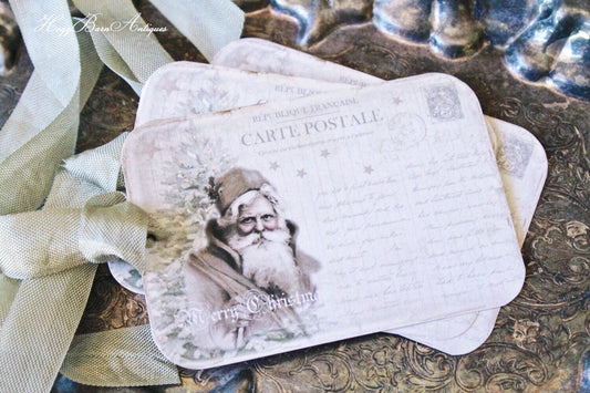 SANTA Christmas Gift Tags Vintage Old Santa POST CARD Farmhouse Decor Card French Shabby Gift Wrap Father Christmas
