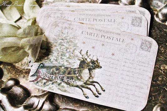 Christmas Vintage Gift Tags DEER POST CARD Farmhouse Decor Card French Shabby Reindeer Sled Gift Wrap