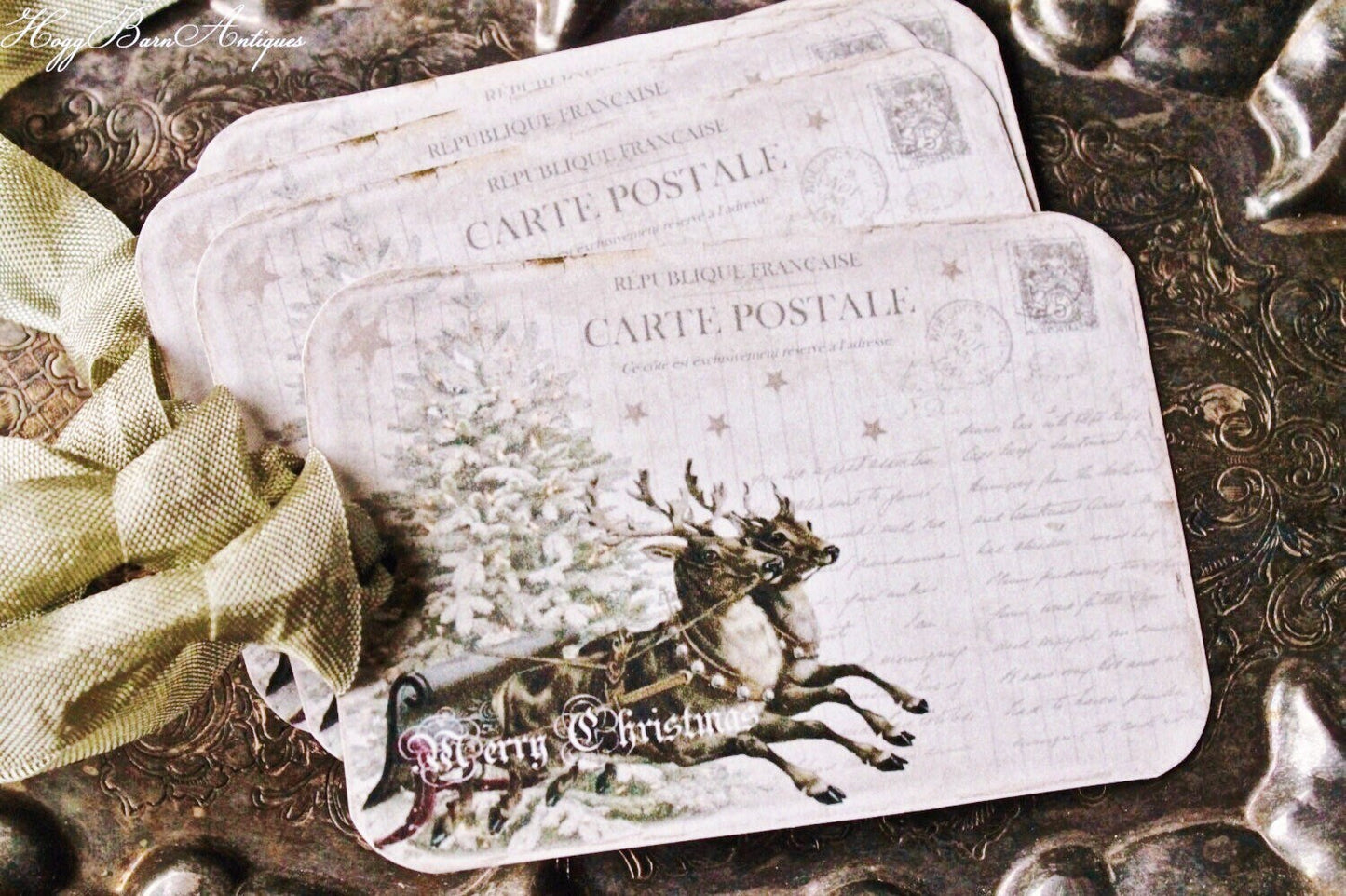 Christmas Vintage Gift Tags DEER POST CARD Farmhouse Decor Card French Shabby Reindeer Sled Gift Wrap