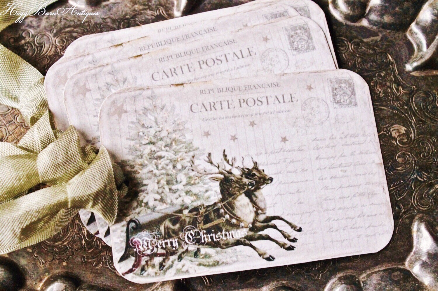 Christmas Vintage Gift Tags DEER POST CARD Farmhouse Decor Card French Shabby Reindeer Sled Gift Wrap
