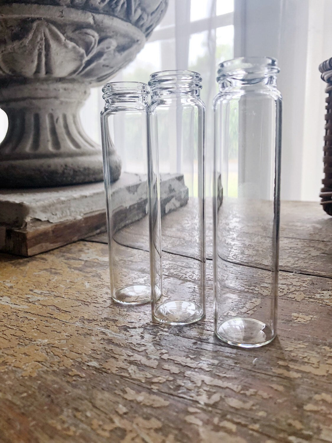 Vintage Glass Vial Bottles SET of 3 French Bud Vase Farmhouse Garden Decor Clear Craft Supplies
