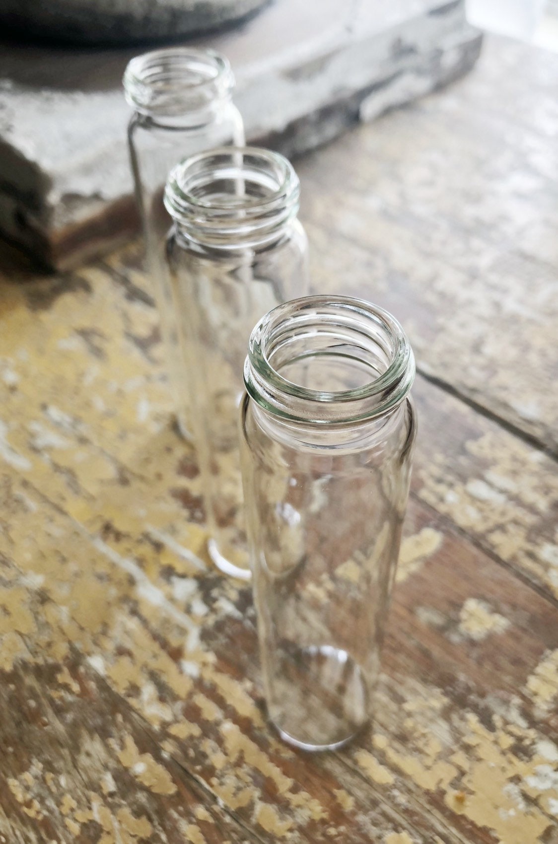 Vintage Glass Vial Bottles SET of 3 French Bud Vase Farmhouse Garden Decor Clear Craft Supplies
