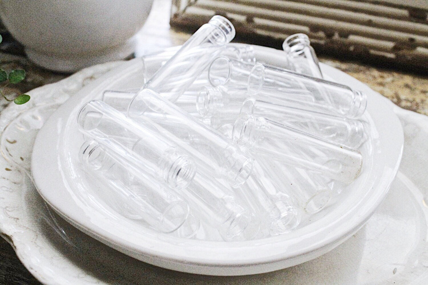 Vintage Glass Vial Bottles SET of 3 French Bud Vase Farmhouse Garden Decor Clear Craft Supplies