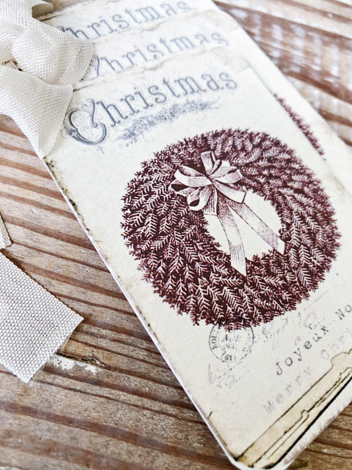 Christmas Vintage Gift Tags JOYEUX NOEL WREATH Farmhouse Christmas Decor Card French Shabby Gift Wrap