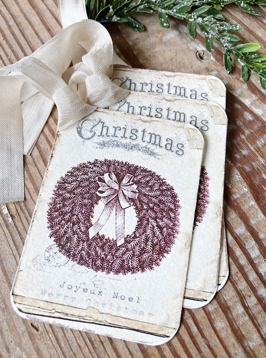 Christmas Vintage Gift Tags JOYEUX NOEL WREATH Farmhouse Christmas Decor Card French Shabby Gift Wrap