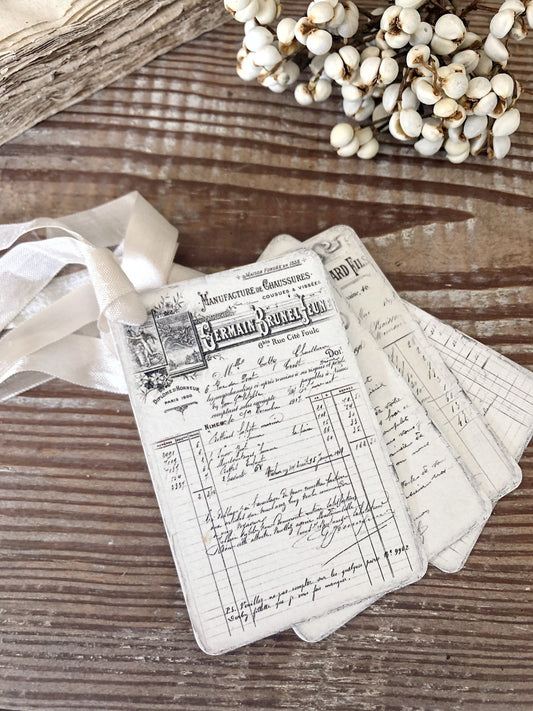 French Receipt Gift Tags Vintage SALON Ledger Gift Tags Card French Writing Typography Shabby Farmhouse Decor
