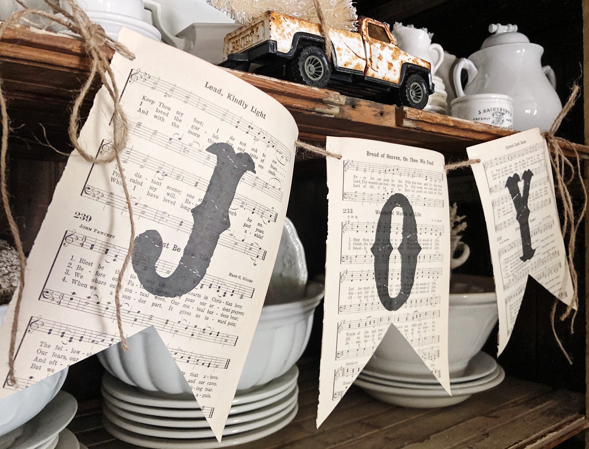 Christmas Banner JOY Vintage Hymnal Sheet Music Bunting Pennant Sign Farmhouse Decor Garland Rustic Book Page Art Primitive Christmas Decor