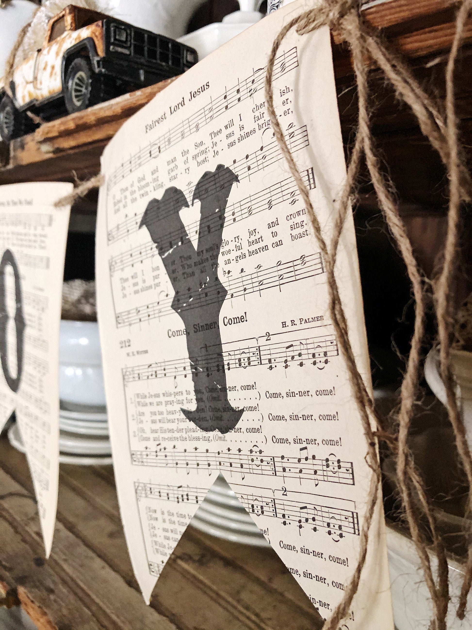 Christmas Banner JOY Vintage Hymnal Sheet Music Bunting Pennant Sign Farmhouse Decor Garland Rustic Book Page Art Primitive Christmas Decor
