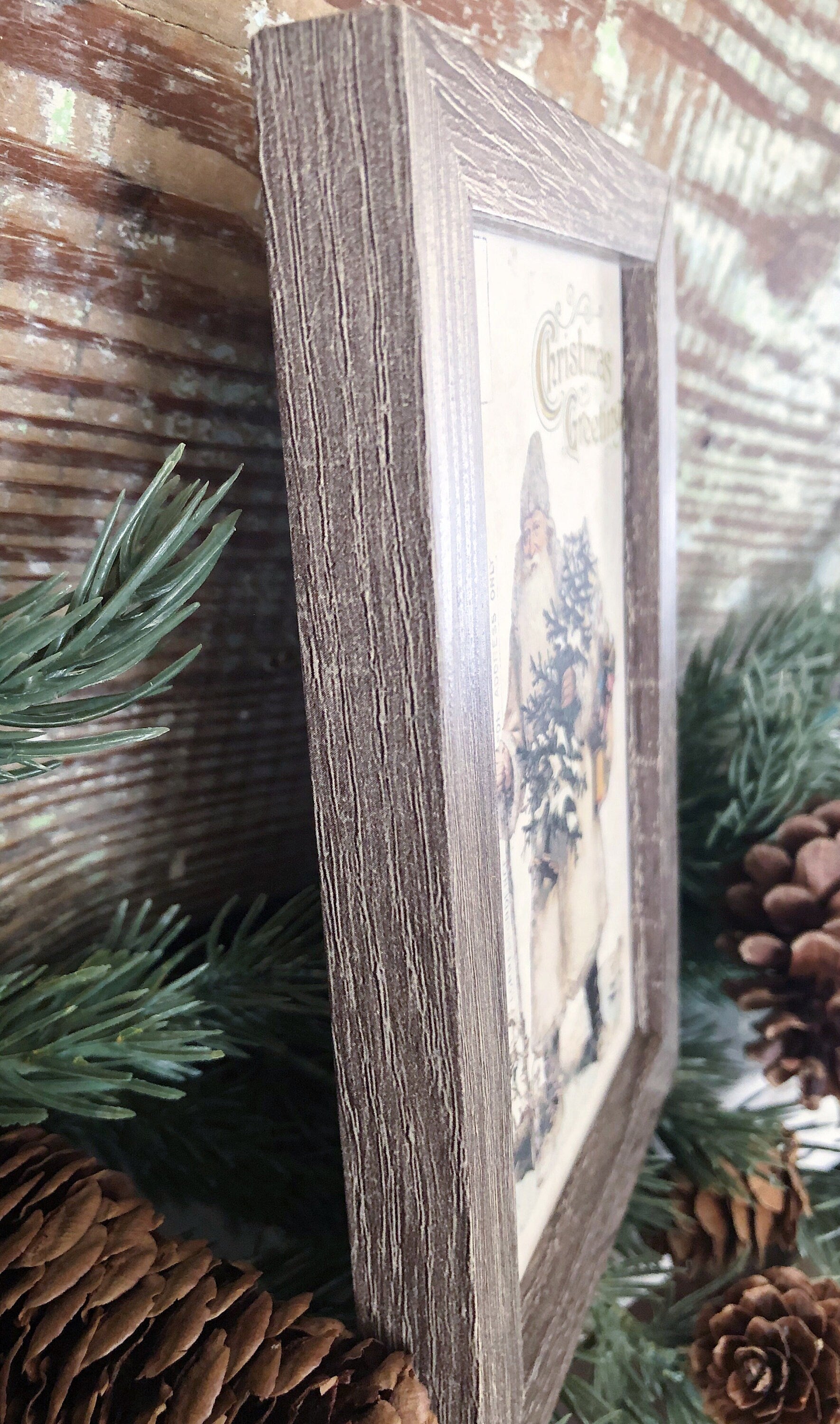 Vintage Christmas Frame SANTA Post Card Framed Sign Farmhouse Christmas Decor Barn Wood Rustic Christmas Sign