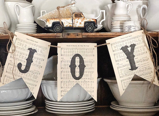 Christmas Banner JOY Vintage Hymnal Sheet Music Bunting Pennant Sign Farmhouse Decor Garland Rustic Book Page Art Primitive Christmas Decor