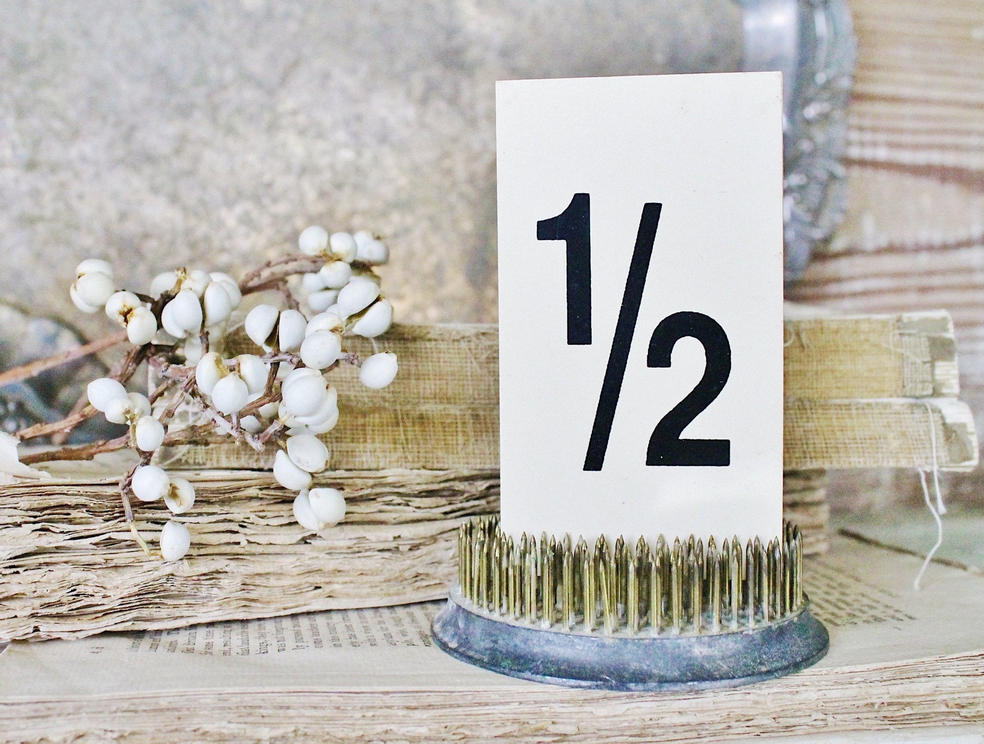 Vintage Gas Station Number Card 1/2 Sign Farmhouse Decor Cardboard Black Cream