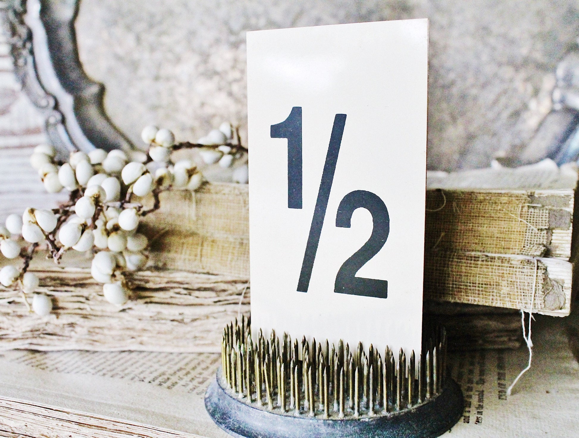 Vintage Gas Station Number Card 1/2 Sign Farmhouse Decor Cardboard Black Cream