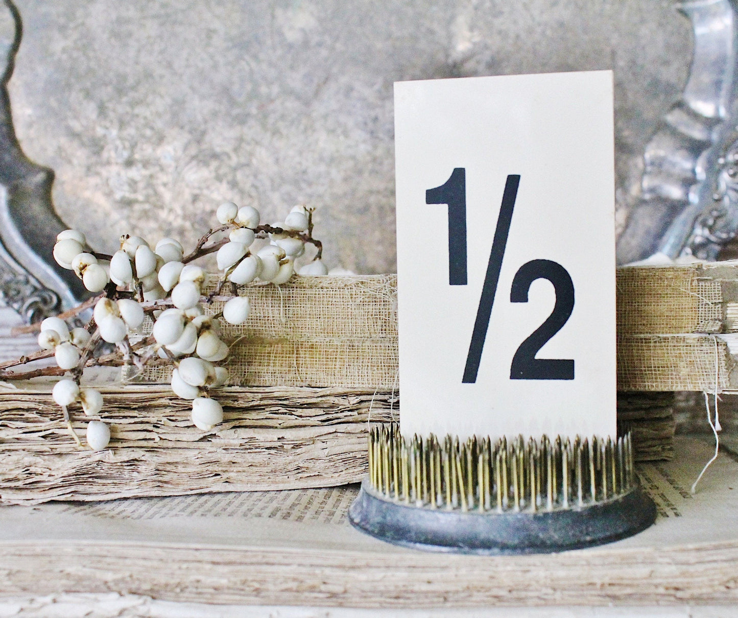 Vintage Gas Station Number Card 1/2 Sign Farmhouse Decor Cardboard Black Cream