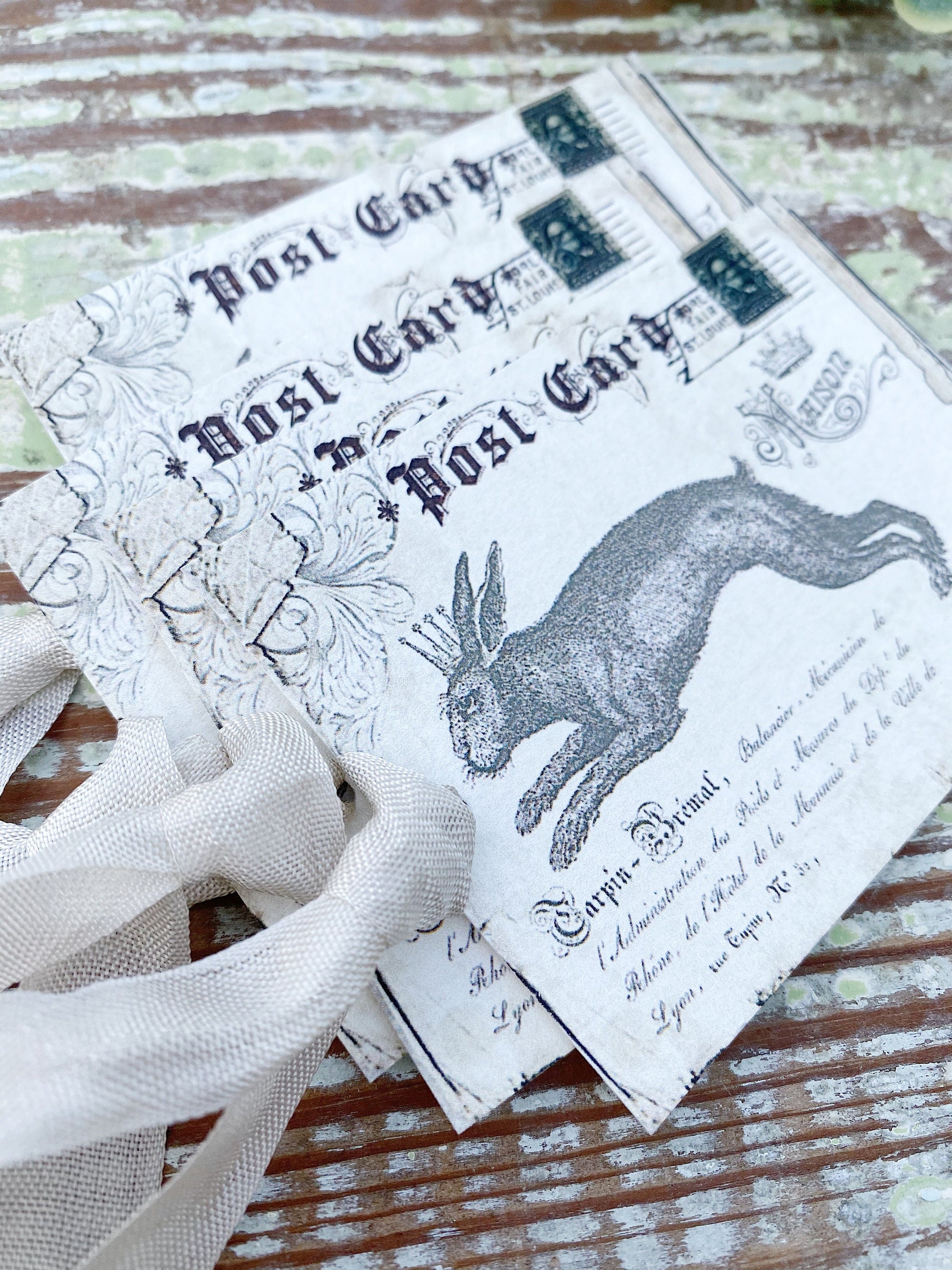 EASTER Vintage Gift Tags Post Card Hoping Rabbit Bunny Crown French Farmhouse Decor Card Shabby SET OF 8