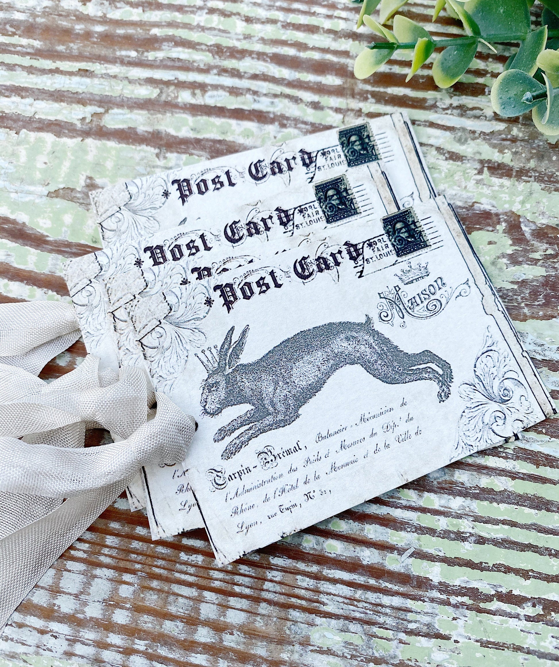 EASTER Vintage Gift Tags Post Card Hoping Rabbit Bunny Crown French Farmhouse Decor Card Shabby SET OF 8
