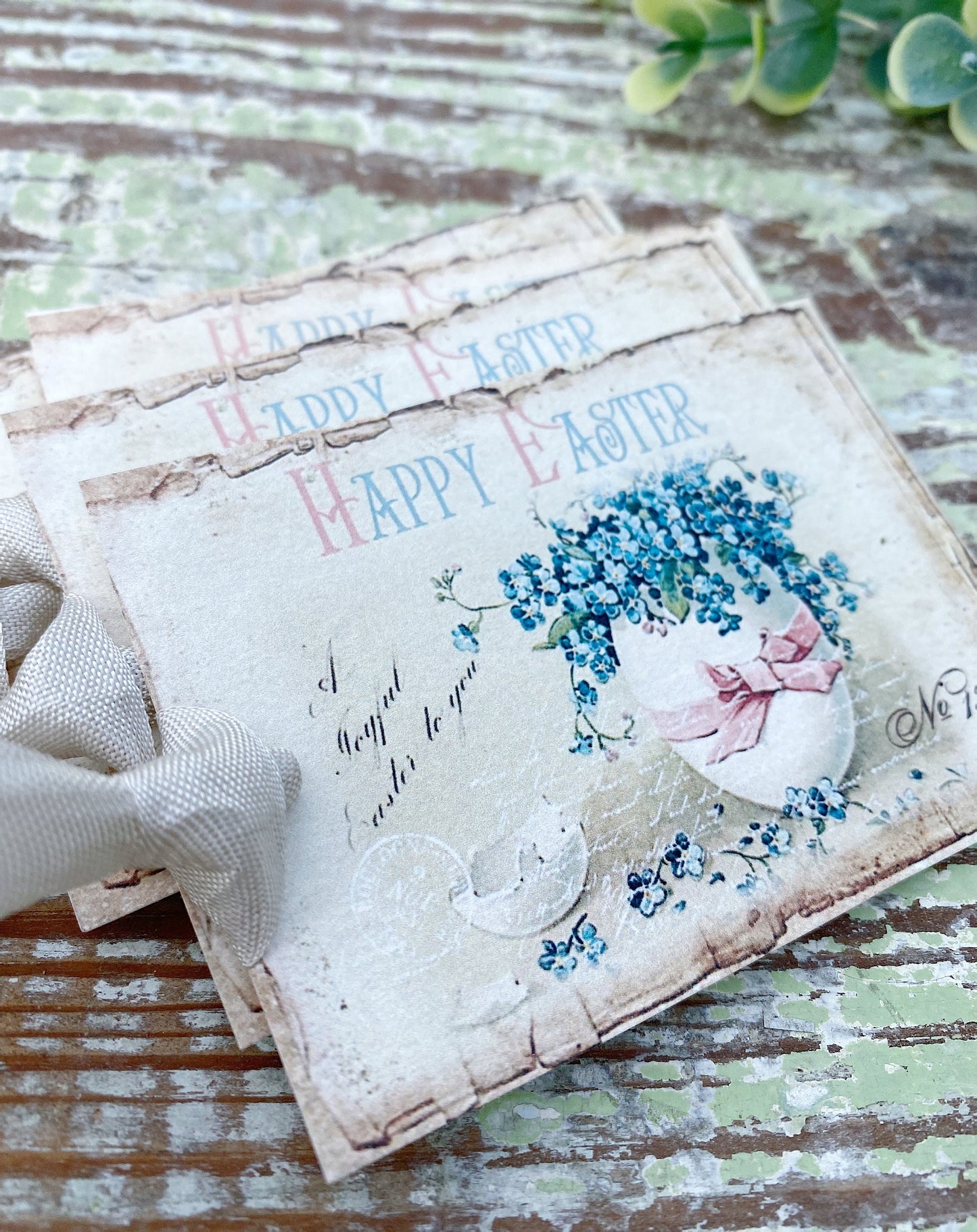 HAPPY EASTER Vintage Gift Tags BLUE Flowers Easter Egg French Farmhouse Decor Card Shabby Set of 8