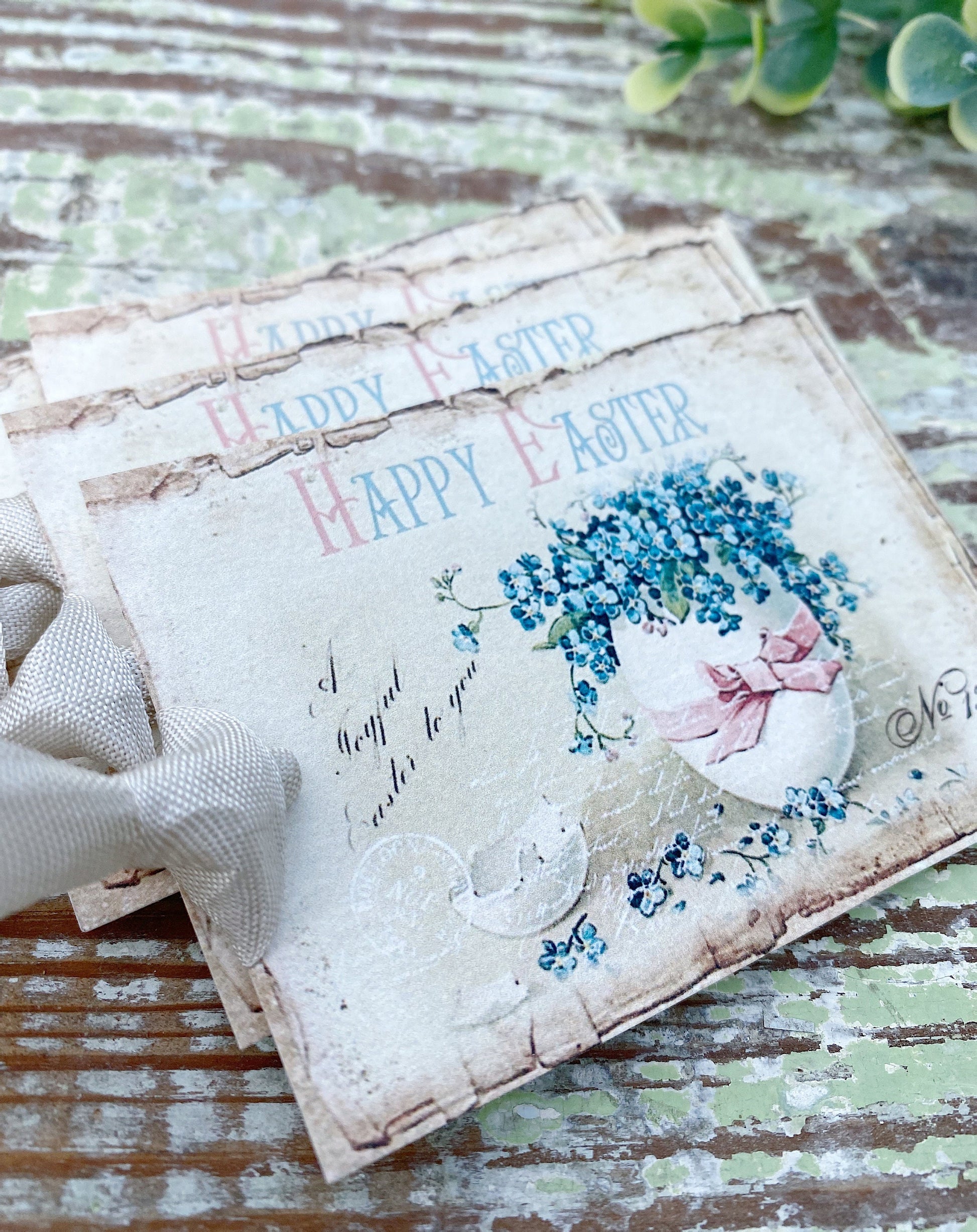 HAPPY EASTER Vintage Gift Tags BLUE Flowers Easter Egg French Farmhouse Decor Card Shabby Set of 8