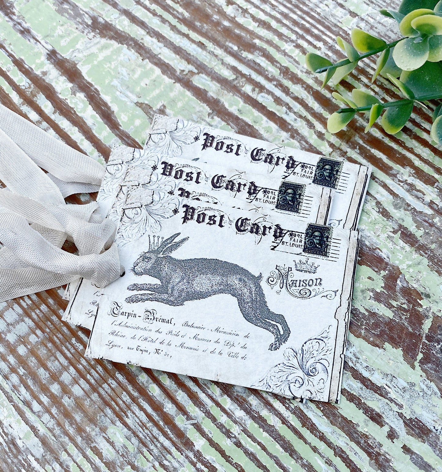 EASTER Vintage Gift Tags Post Card Hoping Rabbit Bunny Crown French Farmhouse Decor Card Shabby SET OF 8