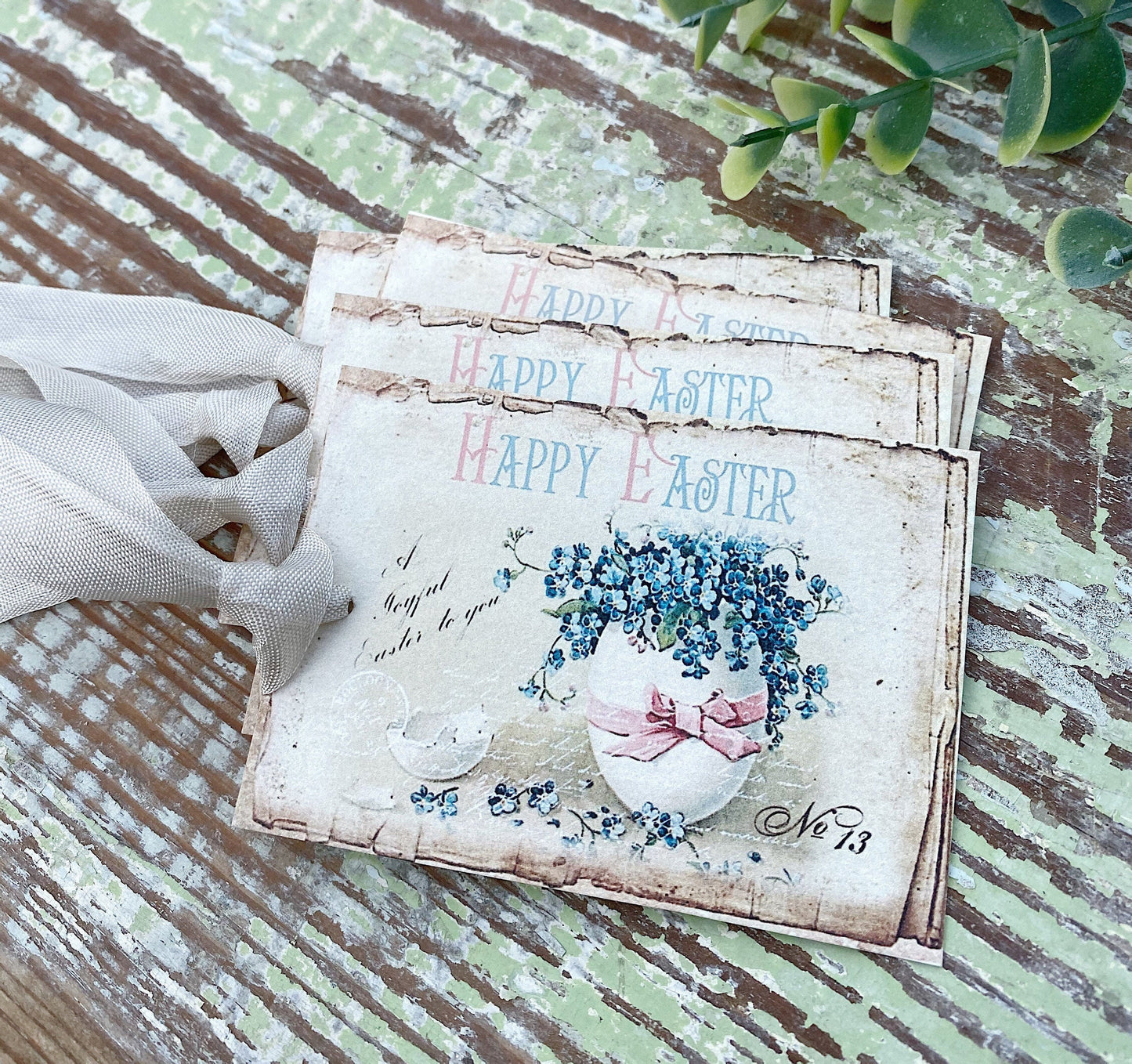 HAPPY EASTER Vintage Gift Tags BLUE Flowers Easter Egg French Farmhouse Decor Card Shabby Set of 8