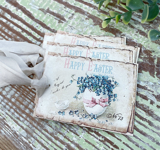 HAPPY EASTER Vintage Gift Tags BLUE Flowers Easter Egg French Farmhouse Decor Card Shabby Set of 8