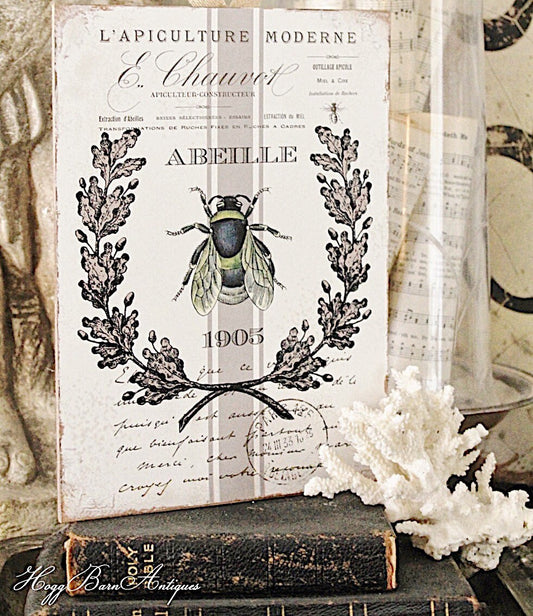 Vintage FRENCH BEE Wood Sign Mounted Print Farmhouse Decor Sign Page Wall Art Queen Abeille