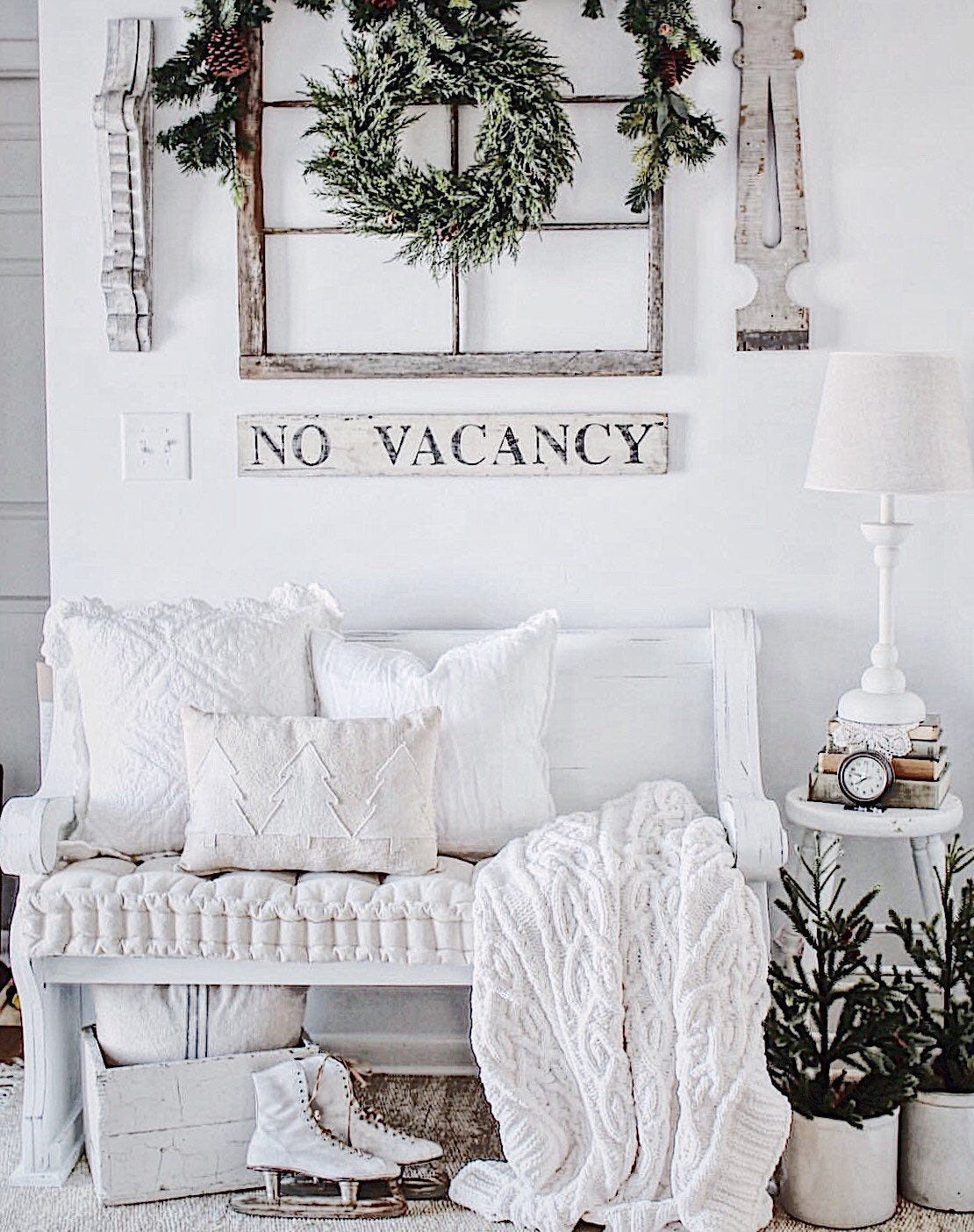 NO VACANCY Farmhouse Sign Painted Salvage Barn Wood Reclaimed Primitive White Chippy Black Paint Architectural Farmhouse Decor
