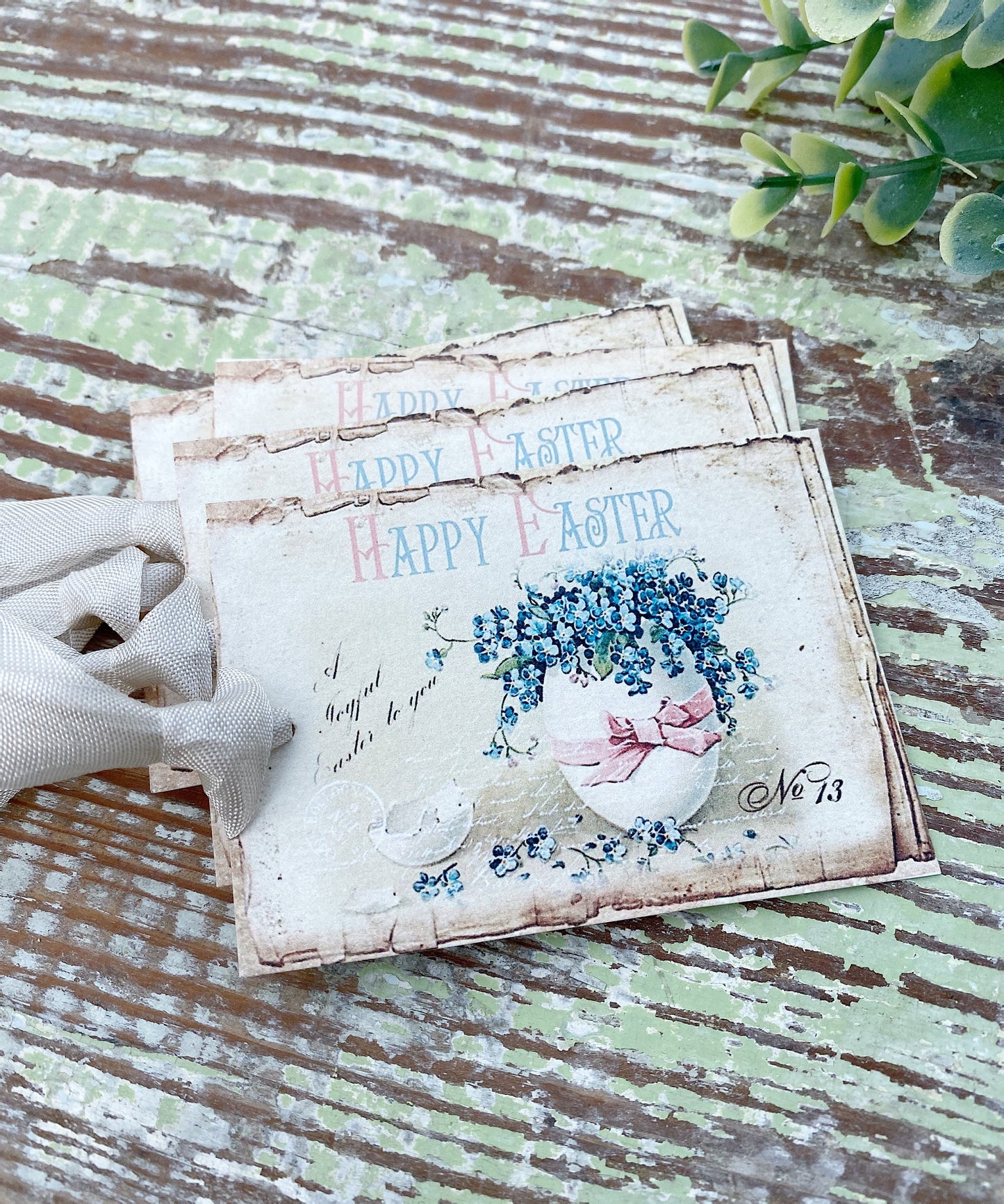 HAPPY EASTER Vintage Gift Tags BLUE Flowers Easter Egg French Farmhouse Decor Card Shabby Set of 8