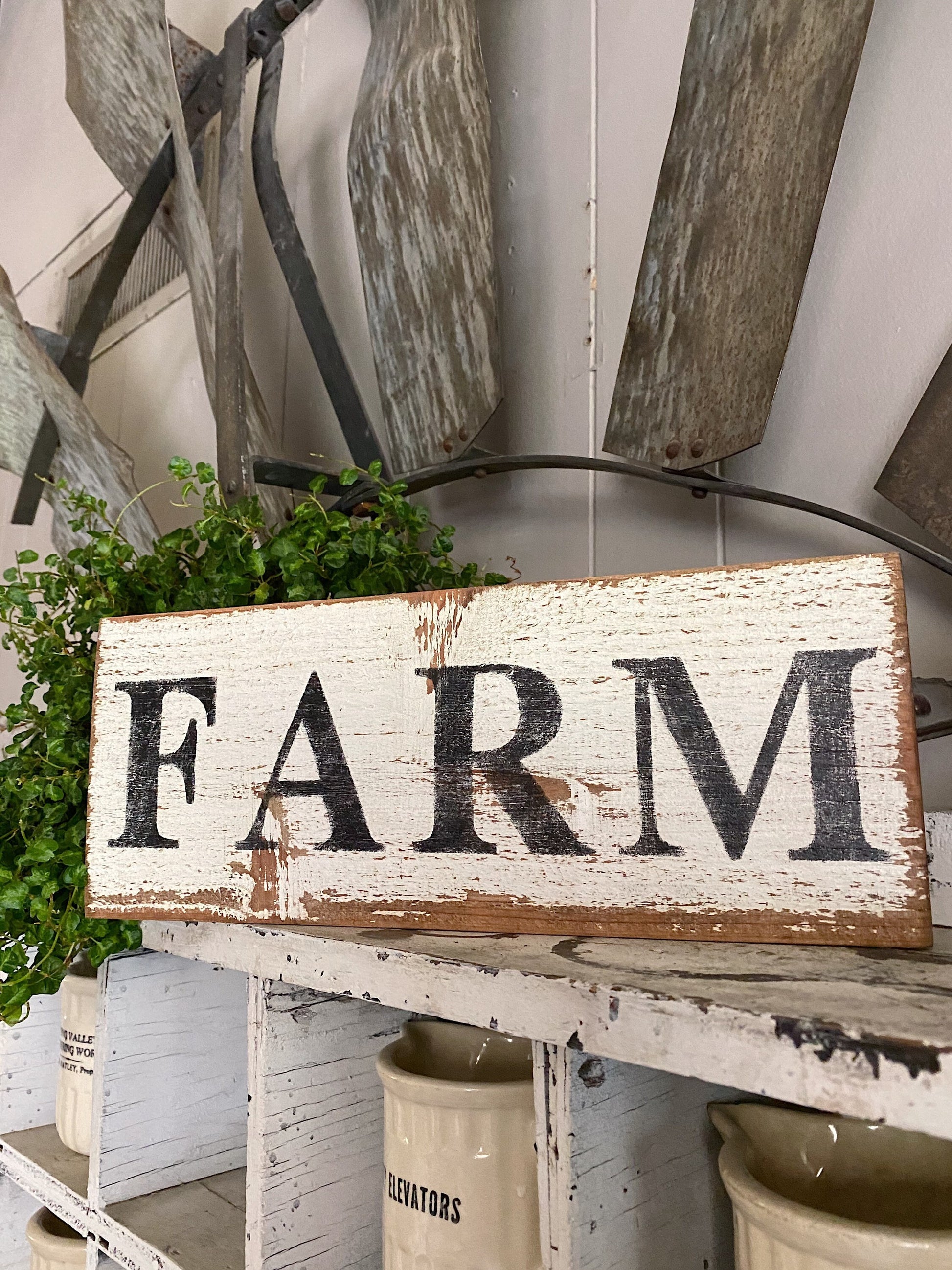 FARM Farmhouse Sign Painted Salvage Barn Wood Reclaimed White Chippy Paint French Architectural Farmhouse Decor Painted Fixer Upper Decor