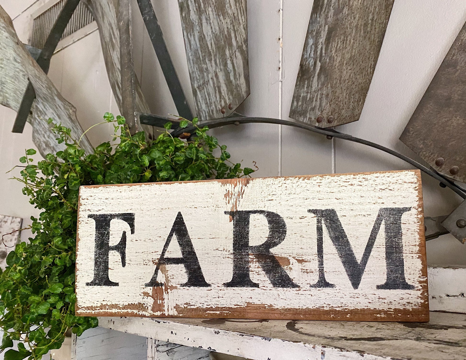 FARM Farmhouse Sign Painted Salvage Barn Wood Reclaimed White Chippy Paint French Architectural Farmhouse Decor Painted Fixer Upper Decor