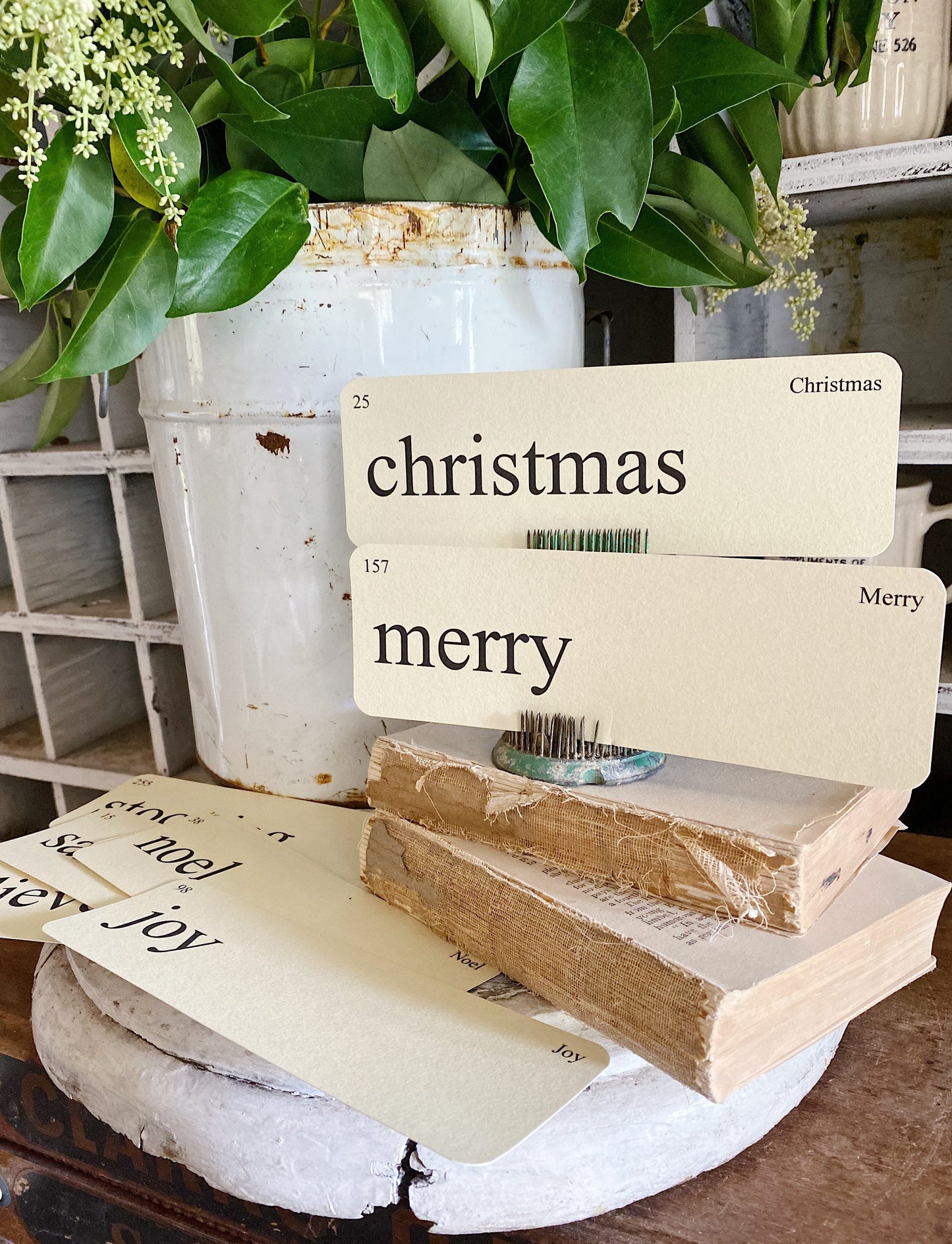 CHRISTMAS Flash Cards LARGE Vintage Inspired Word Flashcard SET Of 8 Farmhouse Decor Holiday Joy Noel Merry Believe Primitive 1st Edition