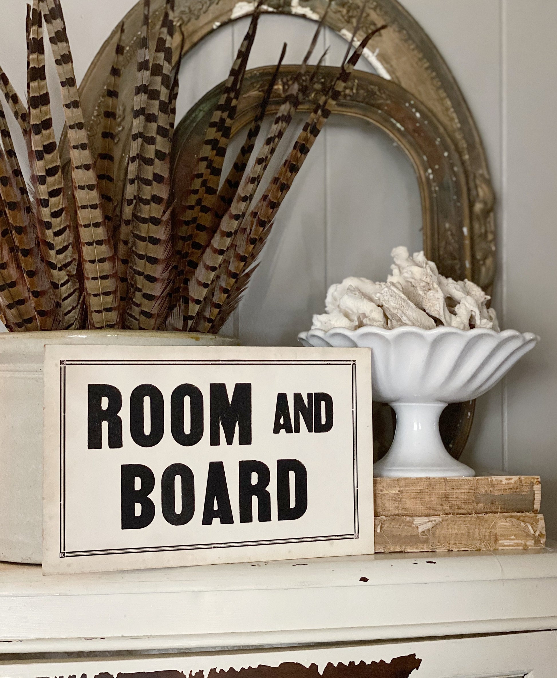 ROOM AND BOARD Wood Sign Vintage Farmhouse Decor Wall Art Print Fixer Upper Flea Market Decor Black Aged Cream Rent Sign