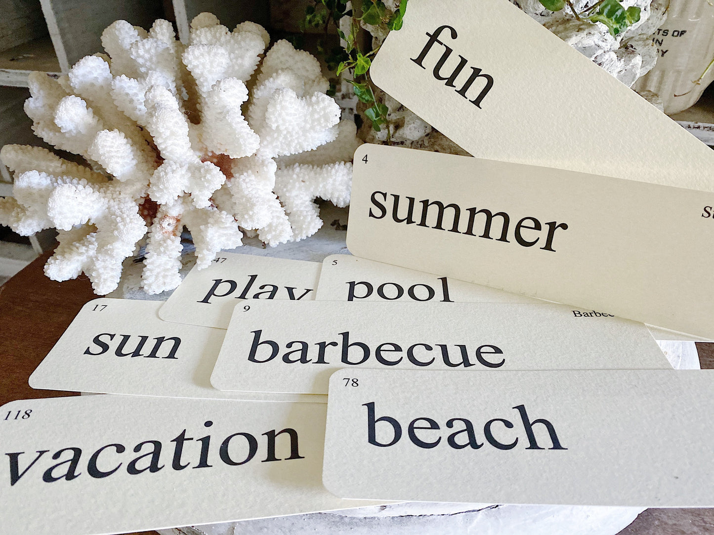 SUMMER Flash Cards LARGE Vintage Inspired Word Flashcard SET Of 8 Farmhouse Decor Vacation Play Beach Sun