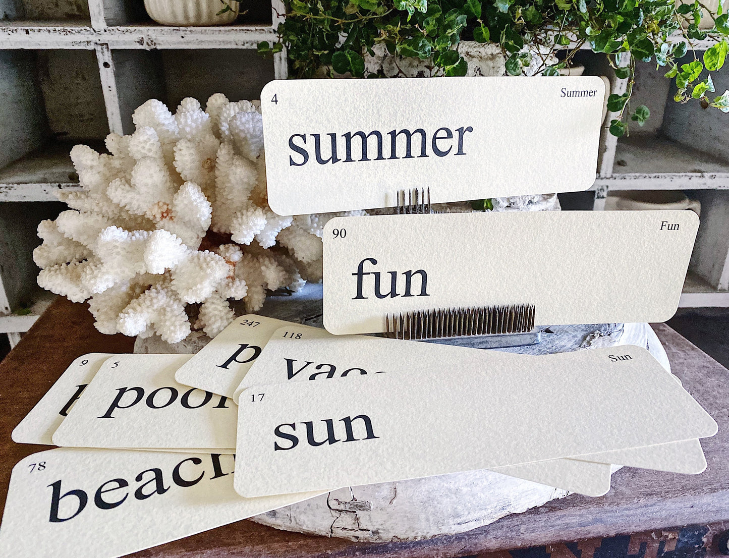SUMMER Flash Cards LARGE Vintage Inspired Word Flashcard SET Of 8 Farmhouse Decor Vacation Play Beach Sun