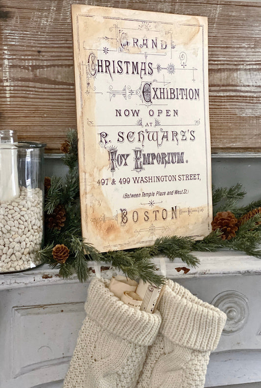 CHRISTMAS EXHIBITION Wood Sign Vintage Christmas Advertising Decor Toy Poster Mounted Farmhouse Christmas Decor Book Page Primitive Decor