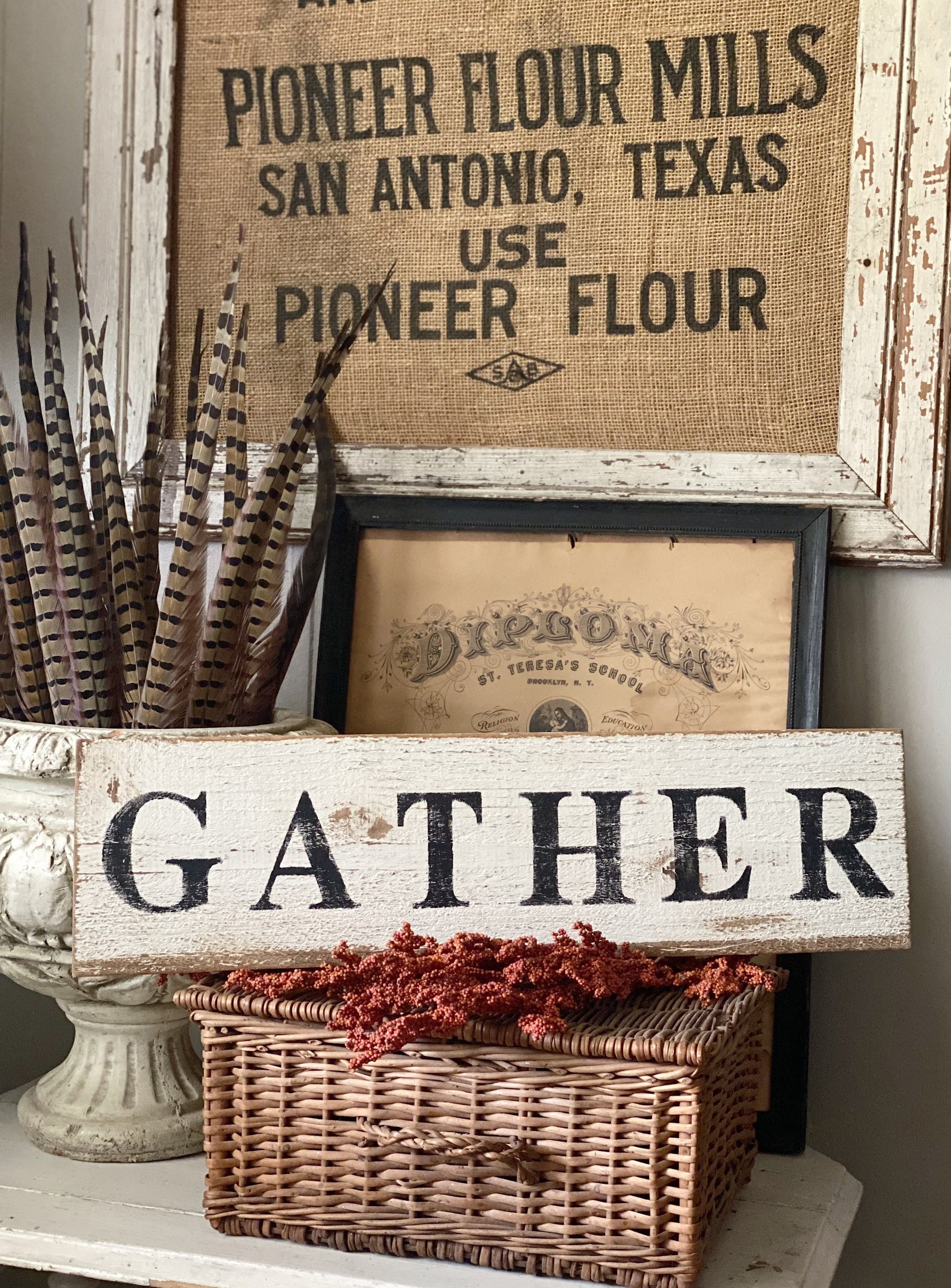 GATHER Sign Salvage Barn Wood Fall Farmhouse Decor Reclaimed White Chippy Paint Country Architectural Painted Rustic Wall Primitive Sign