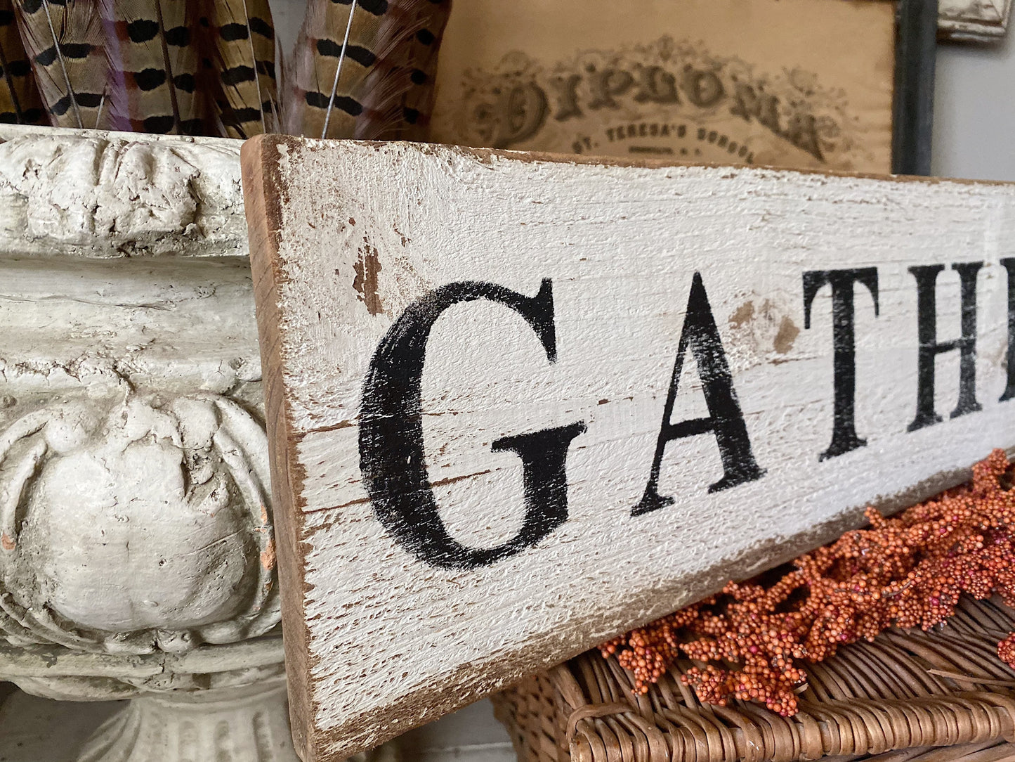 GATHER Sign Salvage Barn Wood Fall Farmhouse Decor Reclaimed White Chippy Paint Country Architectural Painted Rustic Wall Primitive Sign