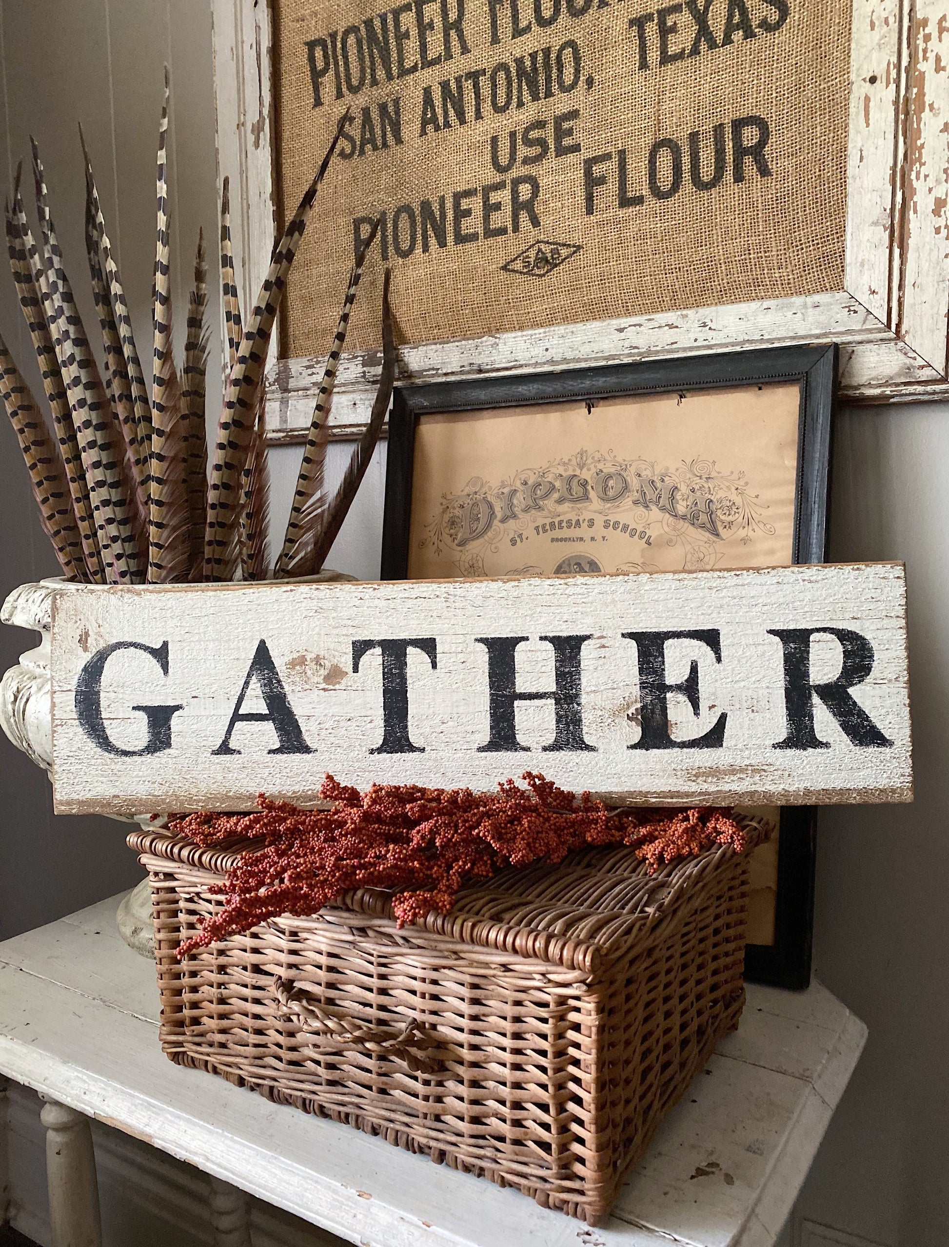 GATHER Sign Salvage Barn Wood Fall Farmhouse Decor Reclaimed White Chippy Paint Country Architectural Painted Rustic Wall Primitive Sign
