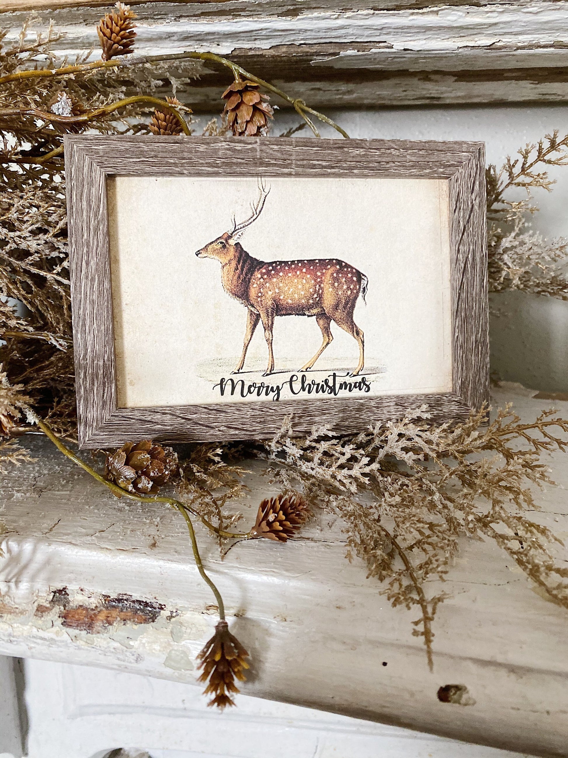 Vintage Christmas Sign DEER Frame Farmhouse Merry Christmas Decor Barn Wood Rustic Primitive Christmas Sign Elk Fawn