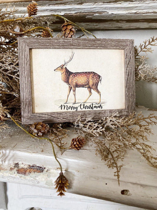 Vintage Christmas Sign DEER Frame Farmhouse Merry Christmas Decor Barn Wood Rustic Primitive Christmas Sign Elk Fawn